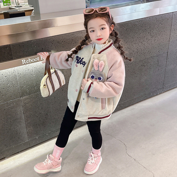 Dievčenské baseball sako s karikatúrou policajného zajaca, flísová podšívka, dlhé rukávy, okrúhly výstrih, bavlnená zmes, stredná dĺžka