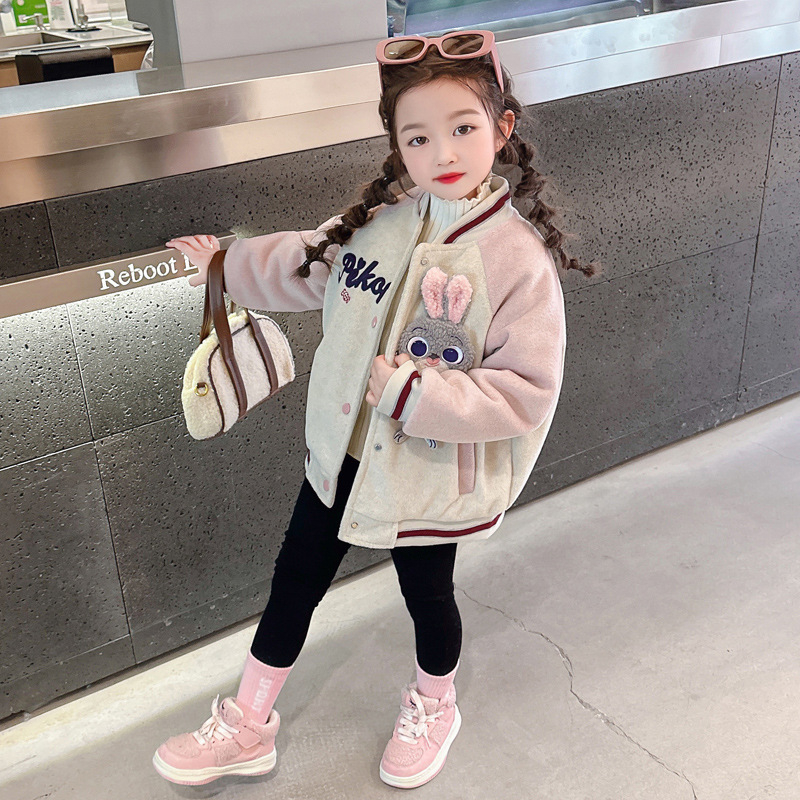 Dievčenské baseball sako s karikatúrou policajného zajaca, flísová podšívka, dlhé rukávy, okrúhly výstrih, bavlnená zmes, stredná dĺžka