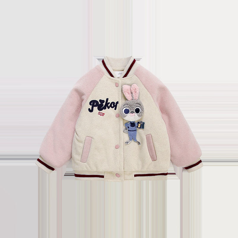 Dievčenské baseball sako s karikatúrou policajného zajaca, flísová podšívka, dlhé rukávy, okrúhly výstrih, bavlnená zmes, stredná dĺžka