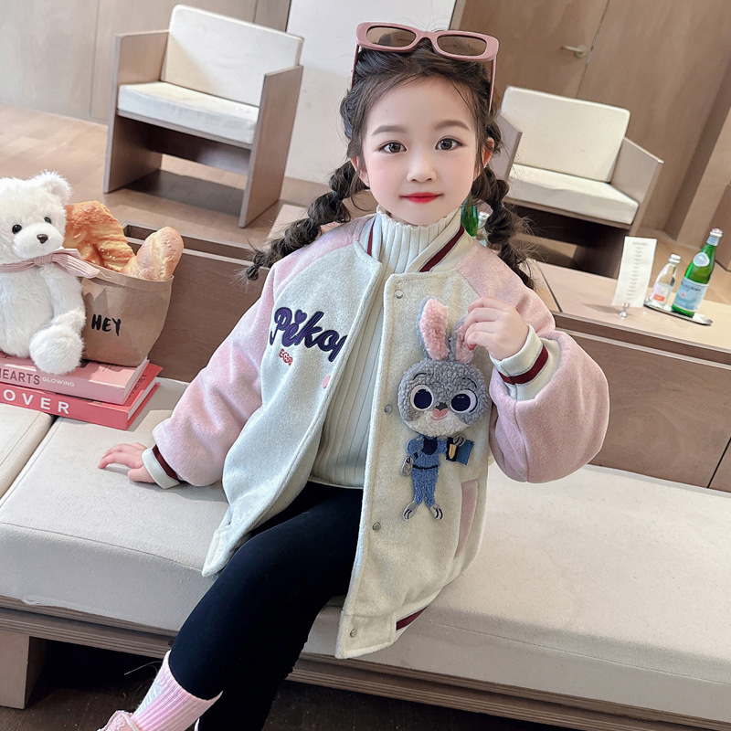 Dievčenské baseball sako s karikatúrou policajného zajaca, flísová podšívka, dlhé rukávy, okrúhly výstrih, bavlnená zmes, stredná dĺžka