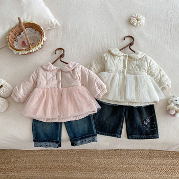 Zimska patchwork prešivana jakna za bebe i malu djecu, za djevojčice, vanjski najlon s pamukovom podstavom, okrugli ovratnik, dugi rukavi, bez kapulje