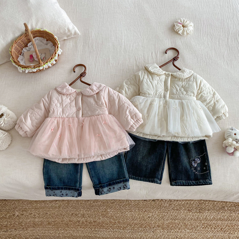 Zimska patchwork prešivana jakna za bebe i malu djecu, za djevojčice, vanjski najlon s pamukovom podstavom, okrugli ovratnik, dugi rukavi, bez kapulje