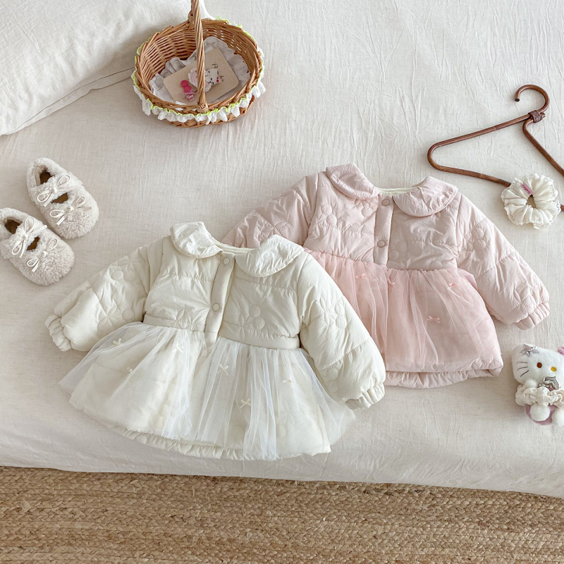 Zimska patchwork prešivana jakna za bebe i malu djecu, za djevojčice, vanjski najlon s pamukovom podstavom, okrugli ovratnik, dugi rukavi, bez kapulje