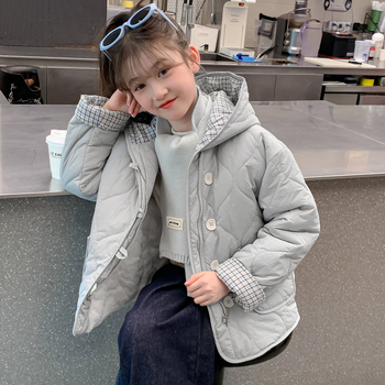 Dievčenská zimná bunda s kapucňou, fleece výstužou — vonkajšia polyesterová látka, vnútorná bavlnená podšívka, zima 2025, pre dievčatá nad 8 rokov