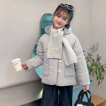 Dievčenská zimná bunda s kapucňou, fleece výstužou — vonkajšia polyesterová látka, vnútorná bavlnená podšívka, zima 2025, pre dievčatá nad 8 rokov