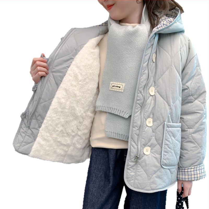 Dievčenská zimná bunda s kapucňou, fleece výstužou — vonkajšia polyesterová látka, vnútorná bavlnená podšívka, zima 2025, pre dievčatá nad 8 rokov