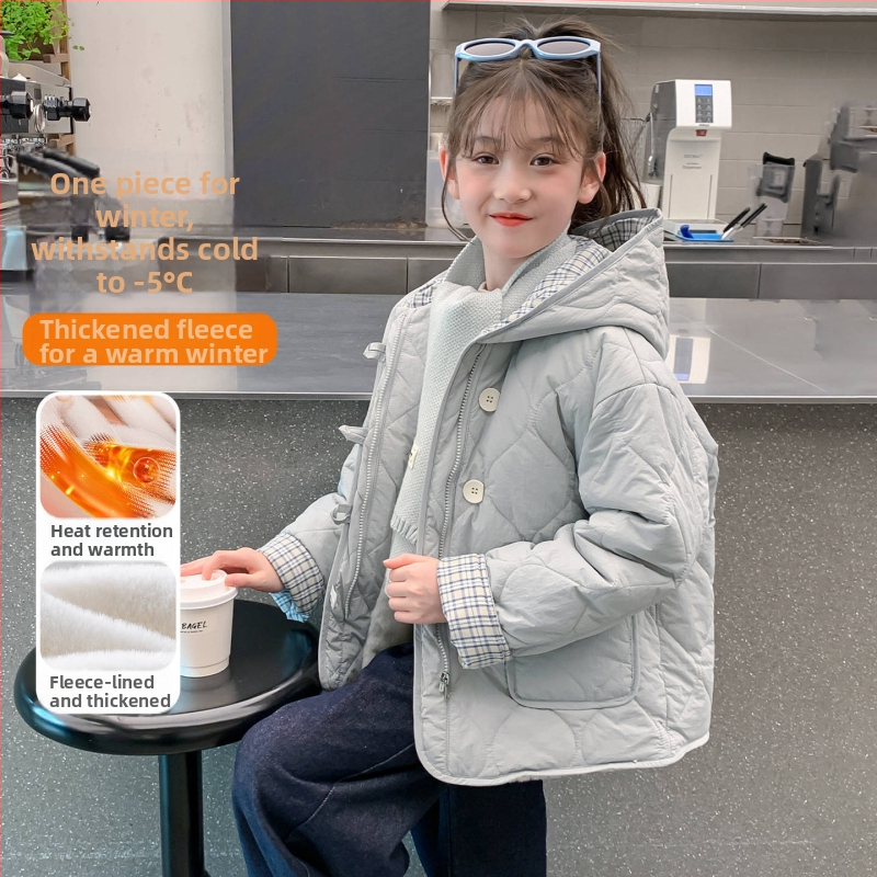 Dievčenská zimná bunda s kapucňou, fleece výstužou — vonkajšia polyesterová látka, vnútorná bavlnená podšívka, zima 2025, pre dievčatá nad 8 rokov