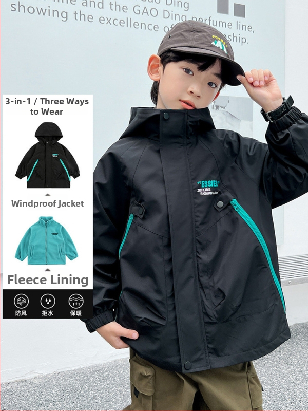 Zēnu tri-in-one jaka ar noņemamu oderi un kapuci, ūdensizturība 5000 mm, poliesters, vecums 7–12 gadi
