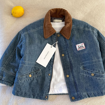 Detská džínová zimná bunda, vypchatá, korejský štýl, golier typu lapel, dlhé rukávy, jednoriadové zapínanie, 70% bavlna