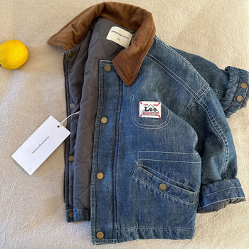 Detská džínová zimná bunda, vypchatá, korejský štýl, golier typu lapel, dlhé rukávy, jednoriadové zapínanie, 70% bavlna