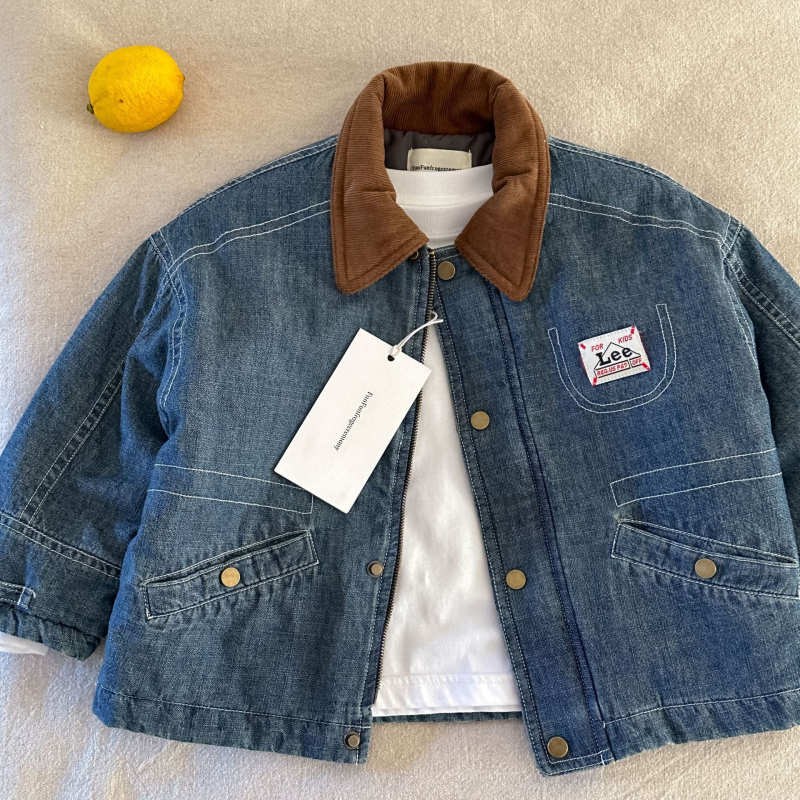 Detská džínová zimná bunda, vypchatá, korejský štýl, golier typu lapel, dlhé rukávy, jednoriadové zapínanie, 70% bavlna