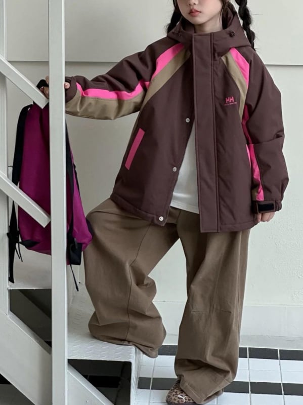 Dievčenská kapucňová bunda v kórejskom štýle, farebné bloky, zips, jeseň 2025