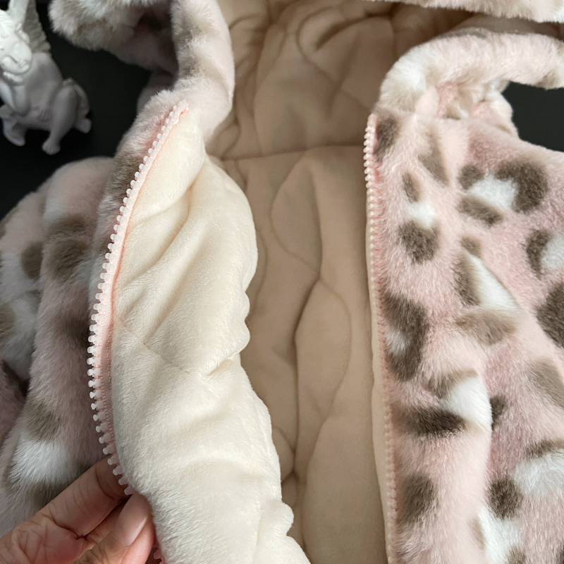 Detská leopardí vzor velúrová bunda s kapucňou, kórejský štýl, zateplená