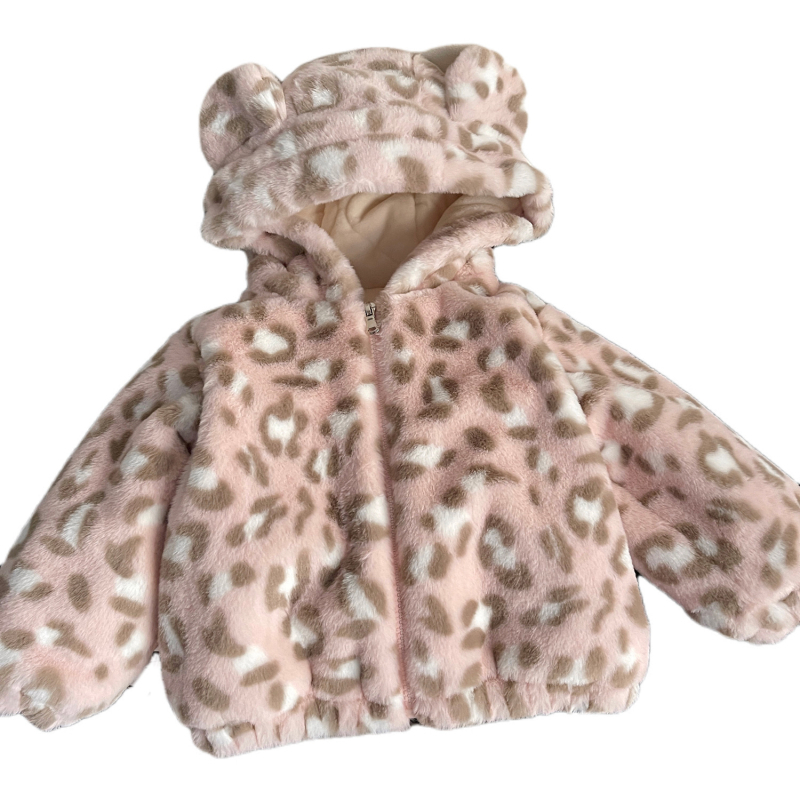 Detská leopardí vzor velúrová bunda s kapucňou, kórejský štýl, zateplená