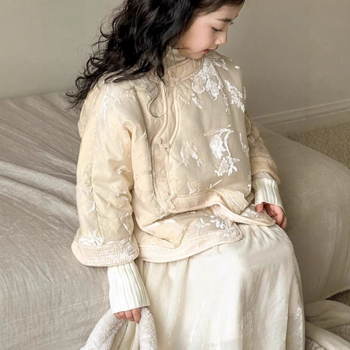 Dievčenská bunda v čínskom štýle z bavlny s polyestrovou podšívkou, zimná bunda, okrúhly golier, dlhé rukávy, stredná dĺžka, jeseň 2025