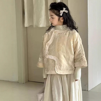 Dievčenská bunda v čínskom štýle z bavlny s polyestrovou podšívkou, zimná bunda, okrúhly golier, dlhé rukávy, stredná dĺžka, jeseň 2025