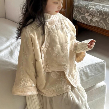 Dievčenská bunda v čínskom štýle z bavlny s polyestrovou podšívkou, zimná bunda, okrúhly golier, dlhé rukávy, stredná dĺžka, jeseň 2025