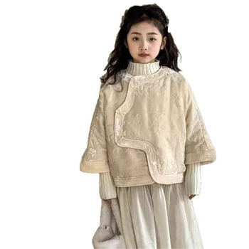 Dievčenská bunda v čínskom štýle z bavlny s polyestrovou podšívkou, zimná bunda, okrúhly golier, dlhé rukávy, stredná dĺžka, jeseň 2025