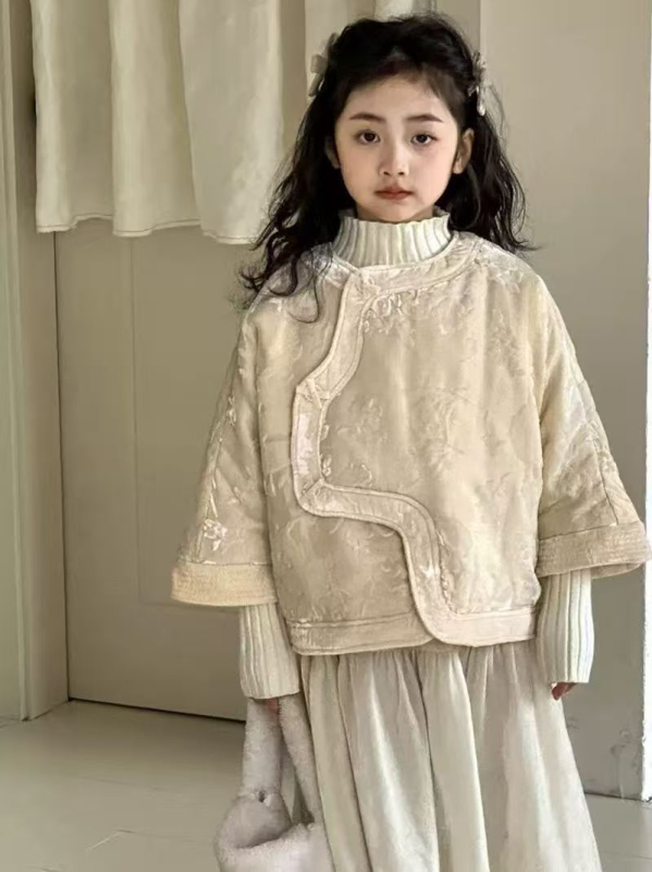 Dievčenská bunda v čínskom štýle z bavlny s polyestrovou podšívkou, zimná bunda, okrúhly golier, dlhé rukávy, stredná dĺžka, jeseň 2025