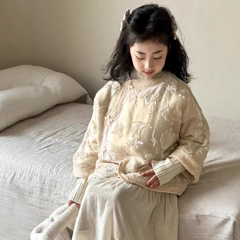 Dievčenská bunda v čínskom štýle z bavlny s polyestrovou podšívkou, zimná bunda, okrúhly golier, dlhé rukávy, stredná dĺžka, jeseň 2025
