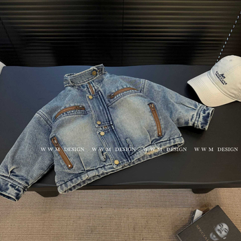 Gyerekeknek készült denim-pamut kabát, koreai stílus, 2025 téli szezon, poliészter 69–79%, kapucni nélkül