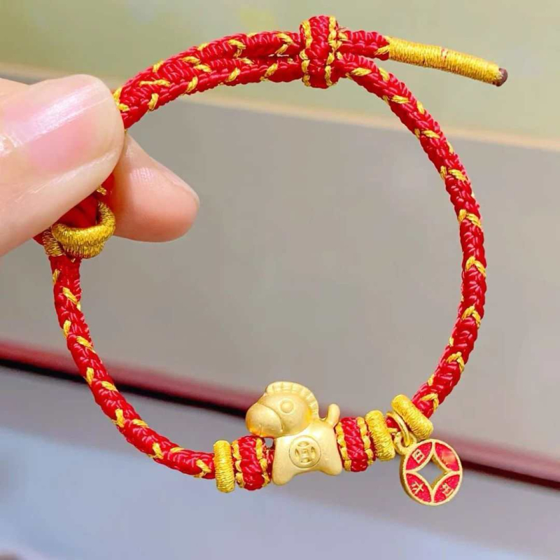Brățară din sfoară cu zodia Calului și monedele celor Cinci Împărați, stil chinezesc, Dongmei