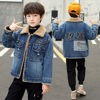 Dječja džins jakna s flecom za zimu, korejski stil, jednostruko kopčanje, četvrtasti ovratnik, dugi rukavi, pamuk denim