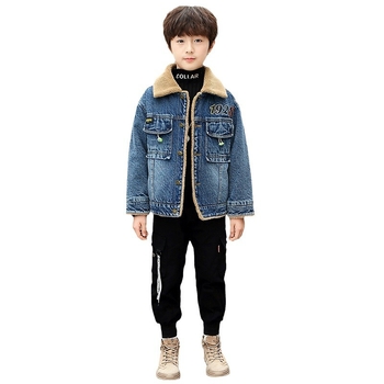 Dječja džins jakna s flecom za zimu, korejski stil, jednostruko kopčanje, četvrtasti ovratnik, dugi rukavi, pamuk denim