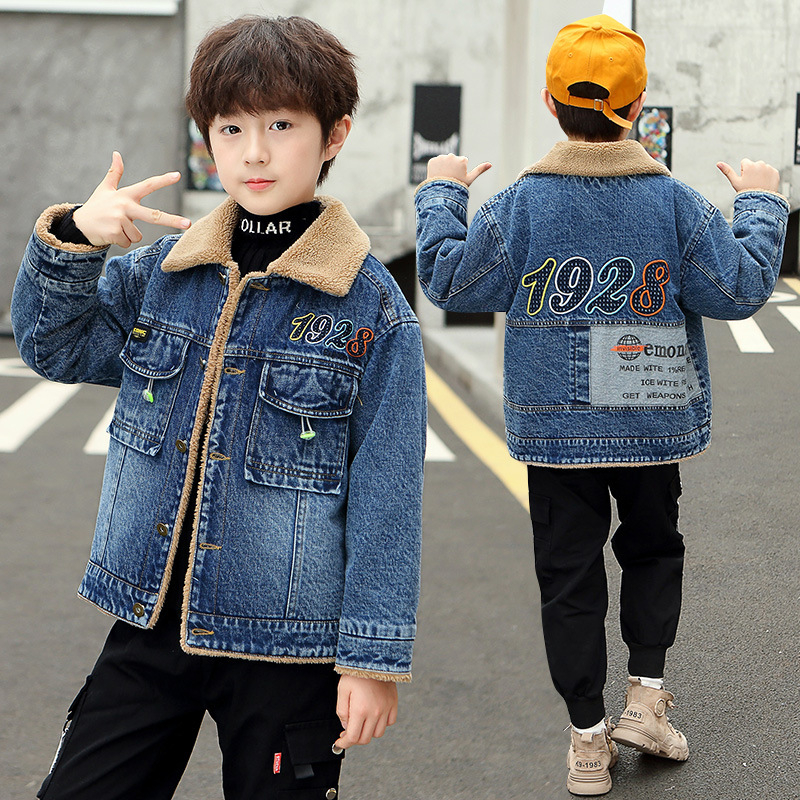 Dječja džins jakna s flecom za zimu, korejski stil, jednostruko kopčanje, četvrtasti ovratnik, dugi rukavi, pamuk denim