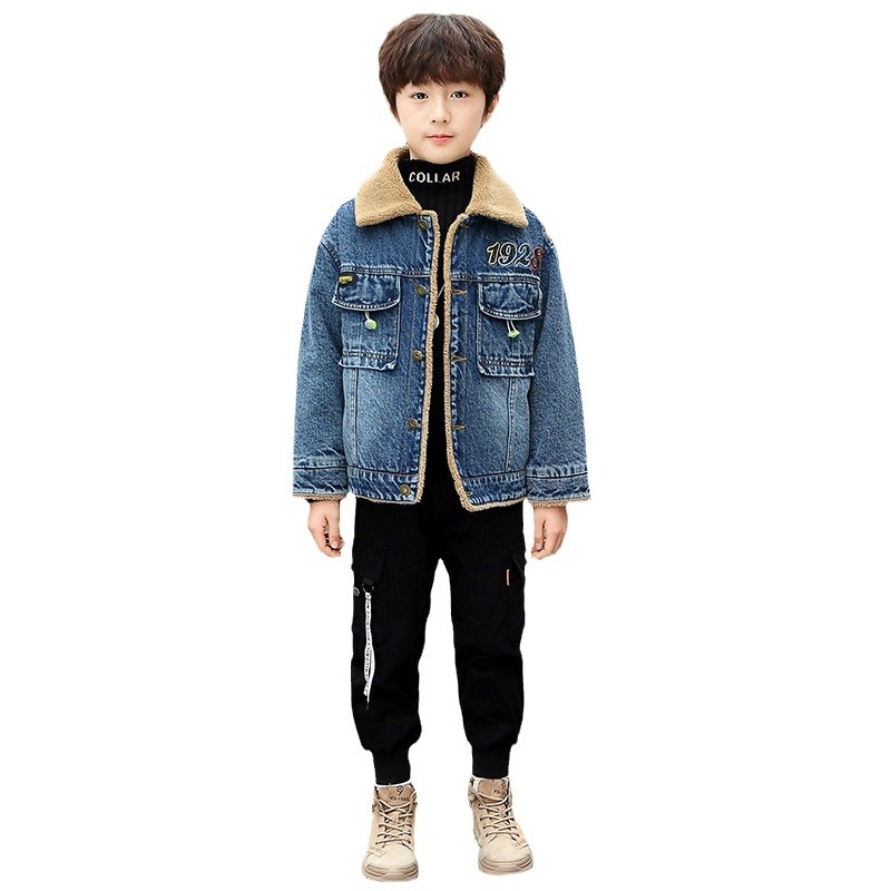 Dječja džins jakna s flecom za zimu, korejski stil, jednostruko kopčanje, četvrtasti ovratnik, dugi rukavi, pamuk denim