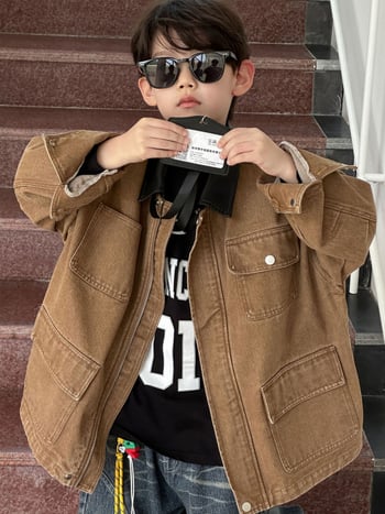 Jachetă pentru copii de toamnă, cu rever, țesătură din bumbac-amestec, căptușeală din bumbac, închidere cu fermoar, pentru vârsta 3-8 ani (Toamnă 2025)