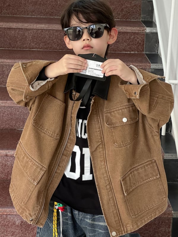 Jachetă pentru copii de toamnă, cu rever, țesătură din bumbac-amestec, căptușeală din bumbac, închidere cu fermoar, pentru vârsta 3-8 ani (Toamnă 2025)