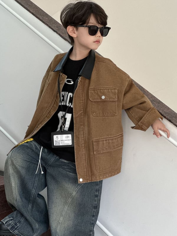 Jachetă pentru copii de toamnă, cu rever, țesătură din bumbac-amestec, căptușeală din bumbac, închidere cu fermoar, pentru vârsta 3-8 ani (Toamnă 2025)