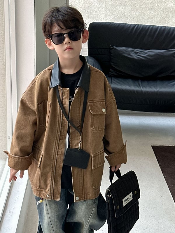 Jachetă pentru copii de toamnă, cu rever, țesătură din bumbac-amestec, căptușeală din bumbac, închidere cu fermoar, pentru vârsta 3-8 ani (Toamnă 2025)