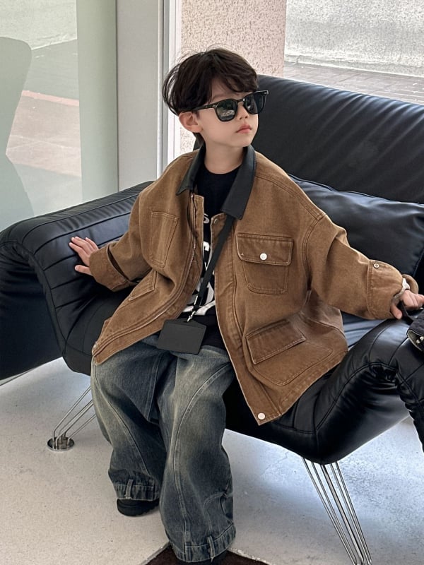 Jachetă pentru copii de toamnă, cu rever, țesătură din bumbac-amestec, căptușeală din bumbac, închidere cu fermoar, pentru vârsta 3-8 ani (Toamnă 2025)