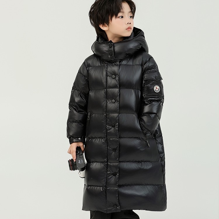 Vaikų pūkuota striukė Korejos stilius, ilga žieminė striukė su gobtuvu, baltųjų ančių pūkų užpildas, vienos spalvos su raidiniu užrašu