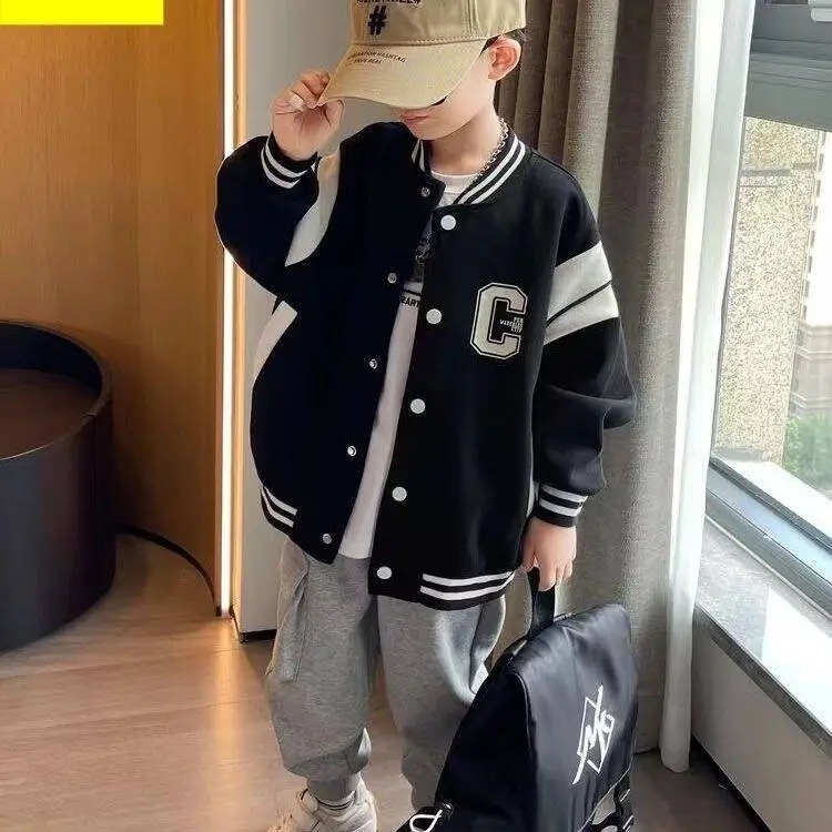 Dječja unisex baseball jakna, jesen 2025, kratki kroj, dugi rukavi, poliester tkanina s uzorkom slova