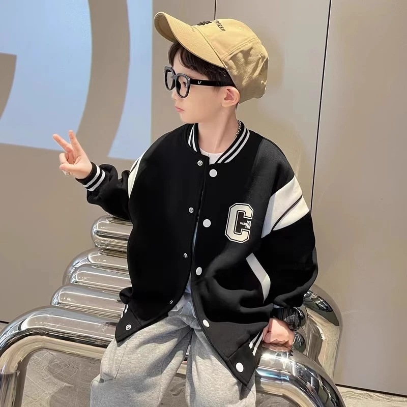 Dječja unisex baseball jakna, jesen 2025, kratki kroj, dugi rukavi, poliester tkanina s uzorkom slova