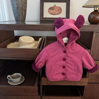 Meitenēm paredzēta divpusēja velūra jaka ar lāču ausīm, kapuci, bieza, 80–90% kokvilna, zīdaiņiem 0–12 mēnešiem