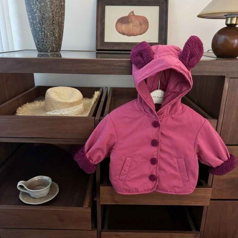 Jachetă pentru fetițe, reversibilă, cu urechi de urs, cu glugă, groasă, din bumbac 80-90%, pentru nou-născuți 0-12 luni