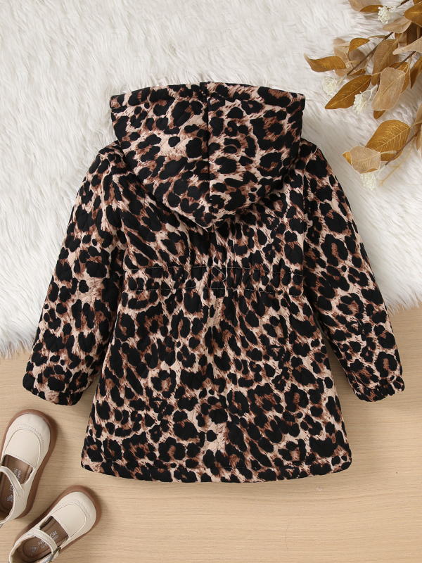 Dječja jakna za jesen-zimu s leopard printom, kapuljačom i zatvaračem, srednje duljine