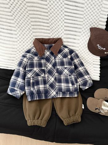 Jachetă pentru copii în model retro cu carouri, căptușeală groasă, croială scurtă, mâneci lungi