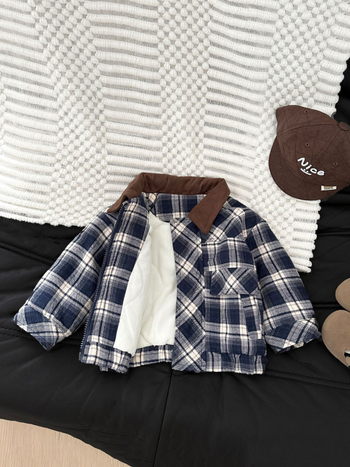 Jachetă pentru copii în model retro cu carouri, căptușeală groasă, croială scurtă, mâneci lungi