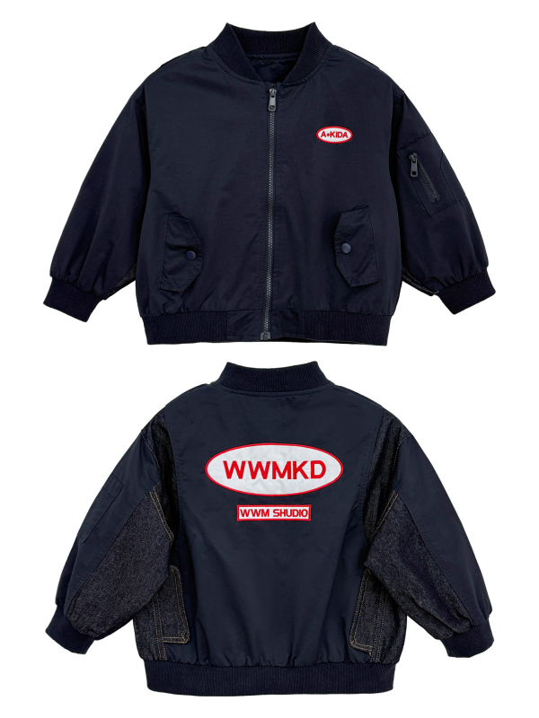 Gyermekeknek készült őszi dzseki denim patchwork és betűhímzéssel, hosszú ujjú, cipzár az elején, koreai stílus