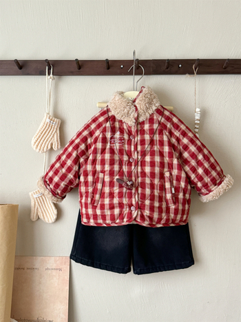 Jachetă reversibilă din bumbac pentru fetițe (stil coreean) – guler rotund, fără glugă, lungime scurtă, model grilă, purtare dublă, iarnă 2025, vârsta 3–8 ani