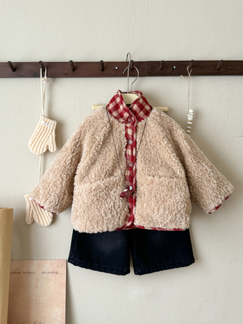 Jachetă reversibilă din bumbac pentru fetițe (stil coreean) – guler rotund, fără glugă, lungime scurtă, model grilă, purtare dublă, iarnă 2025, vârsta 3–8 ani