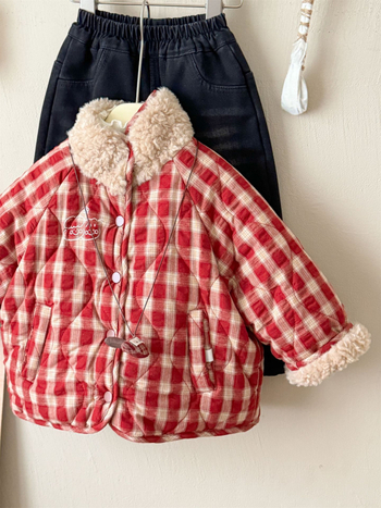 Jachetă reversibilă din bumbac pentru fetițe (stil coreean) – guler rotund, fără glugă, lungime scurtă, model grilă, purtare dublă, iarnă 2025, vârsta 3–8 ani