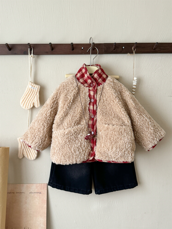 Jachetă reversibilă din bumbac pentru fetițe (stil coreean) – guler rotund, fără glugă, lungime scurtă, model grilă, purtare dublă, iarnă 2025, vârsta 3–8 ani