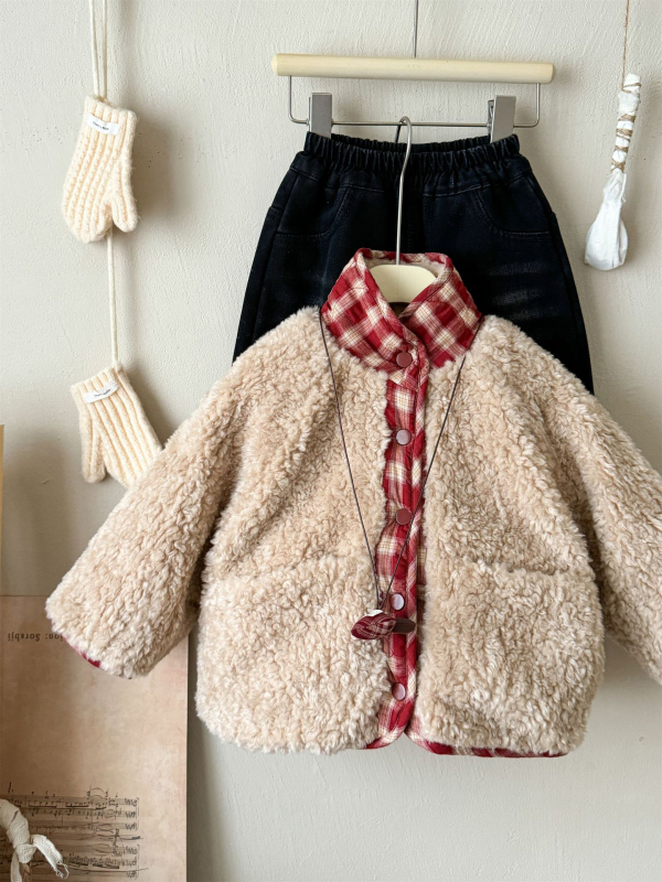 Jachetă reversibilă din bumbac pentru fetițe (stil coreean) – guler rotund, fără glugă, lungime scurtă, model grilă, purtare dublă, iarnă 2025, vârsta 3–8 ani