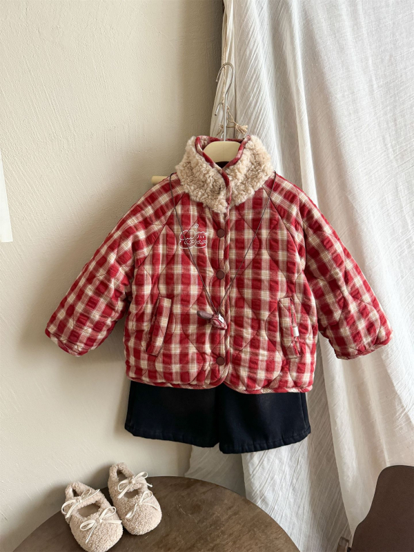 Jachetă reversibilă din bumbac pentru fetițe (stil coreean) – guler rotund, fără glugă, lungime scurtă, model grilă, purtare dublă, iarnă 2025, vârsta 3–8 ani